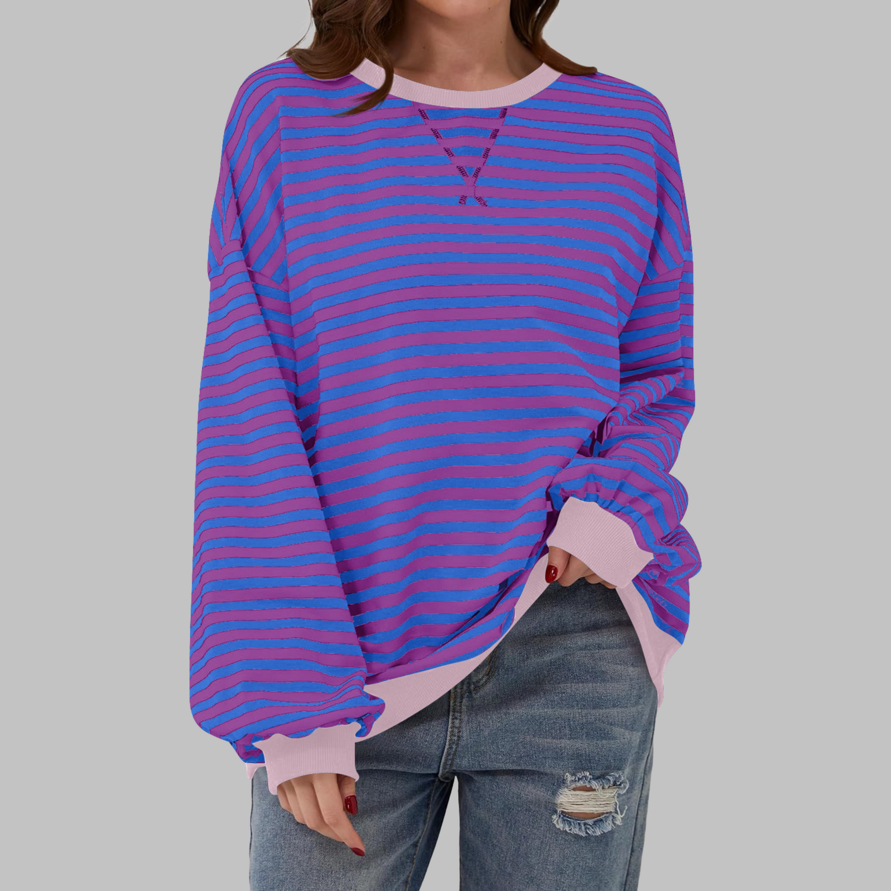 Striped Long Sleeve Round Neck Sweatshirt For Women | Mila