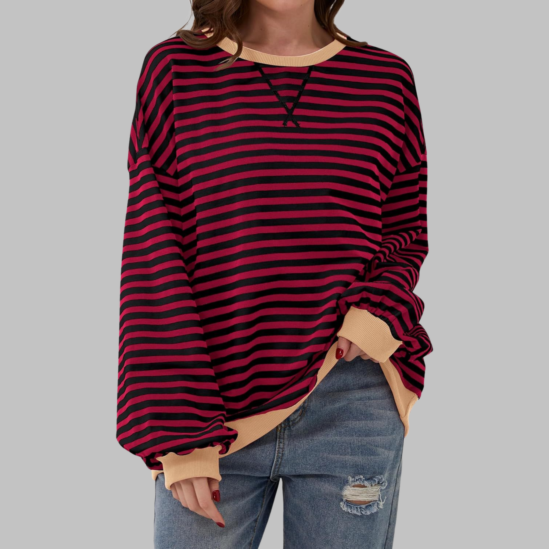 Striped Long Sleeve Round Neck Sweatshirt For Women | Mila