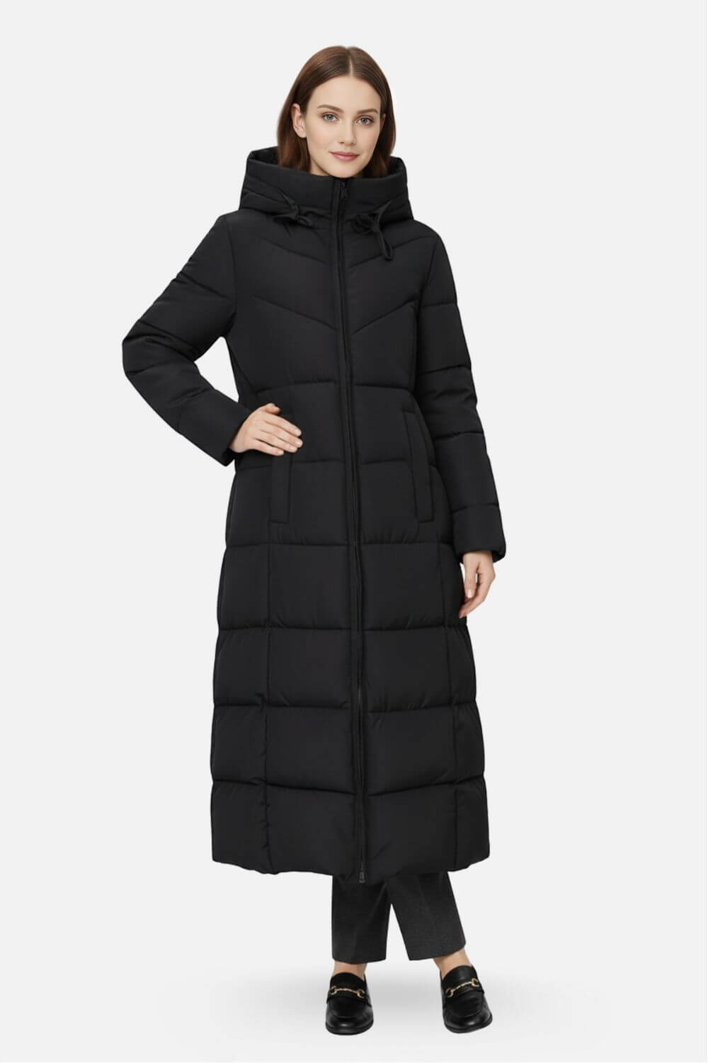 Long Hooded Quilted Puffer Coat For Women | Evelira