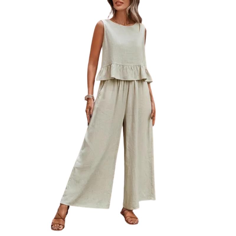 Ruffle Hem Tank Top And Wide Leg Trousers Set For Women | Elenora