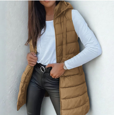 Casual Sleeveless Hooded Long Puffer Vest For Women | Elowise