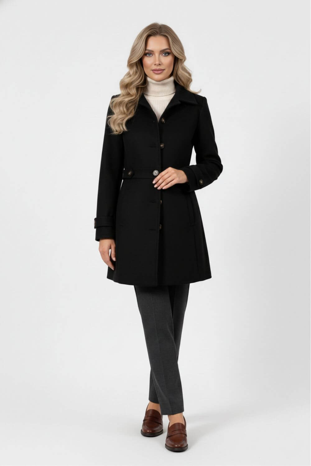 Belted Button Front Long Coat For Women | Mirevane