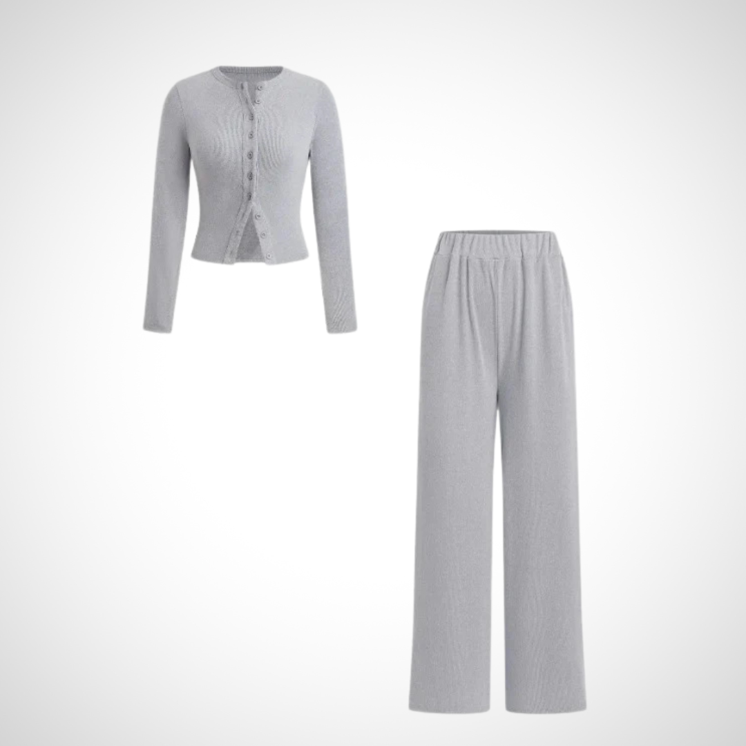 Elegant Button Front Long Sleeve Top And Trousers Set For Women | Arlena