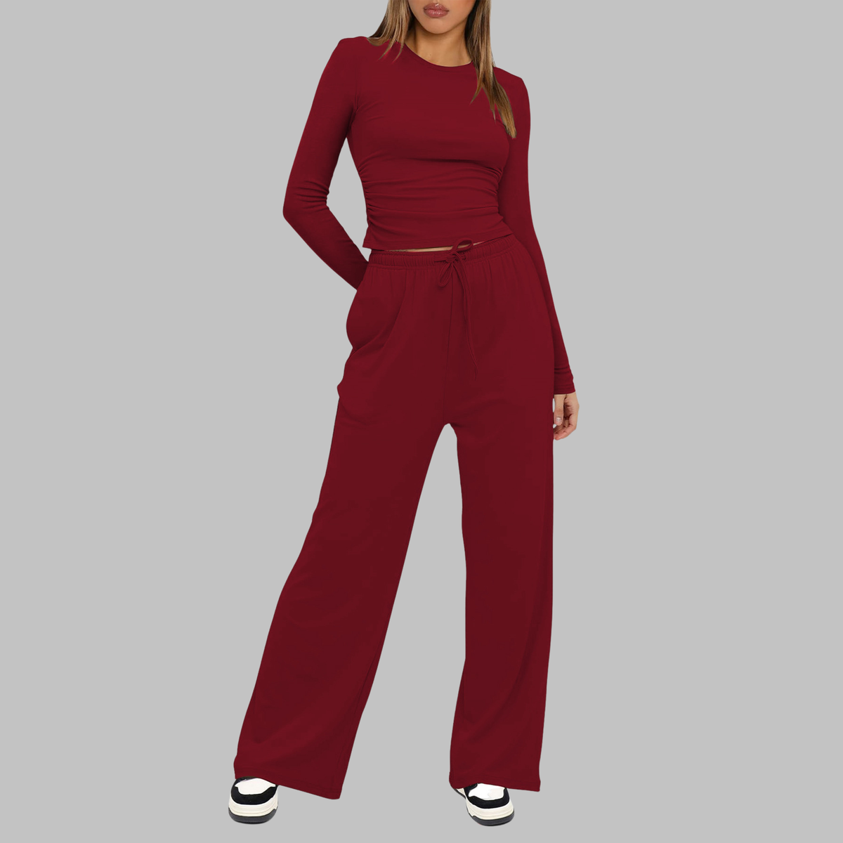 Casual Long Sleeve Top And Wide Leg Trousers Set For Women | Virella