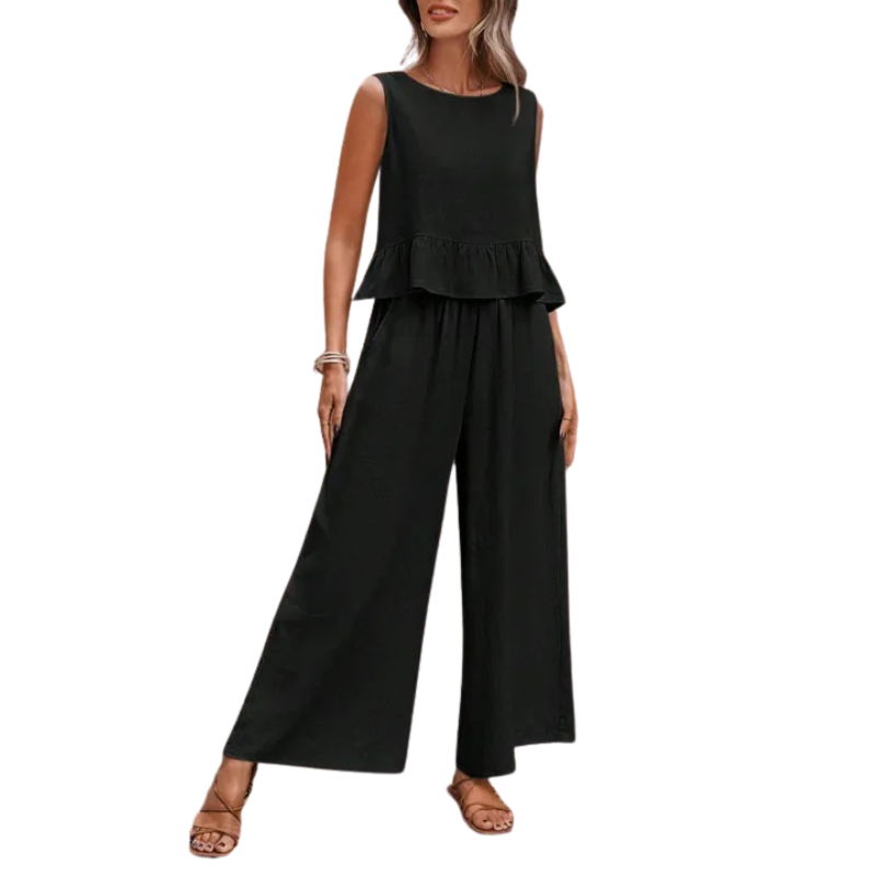 Ruffle Hem Tank Top And Wide Leg Trousers Set For Women | Elenora