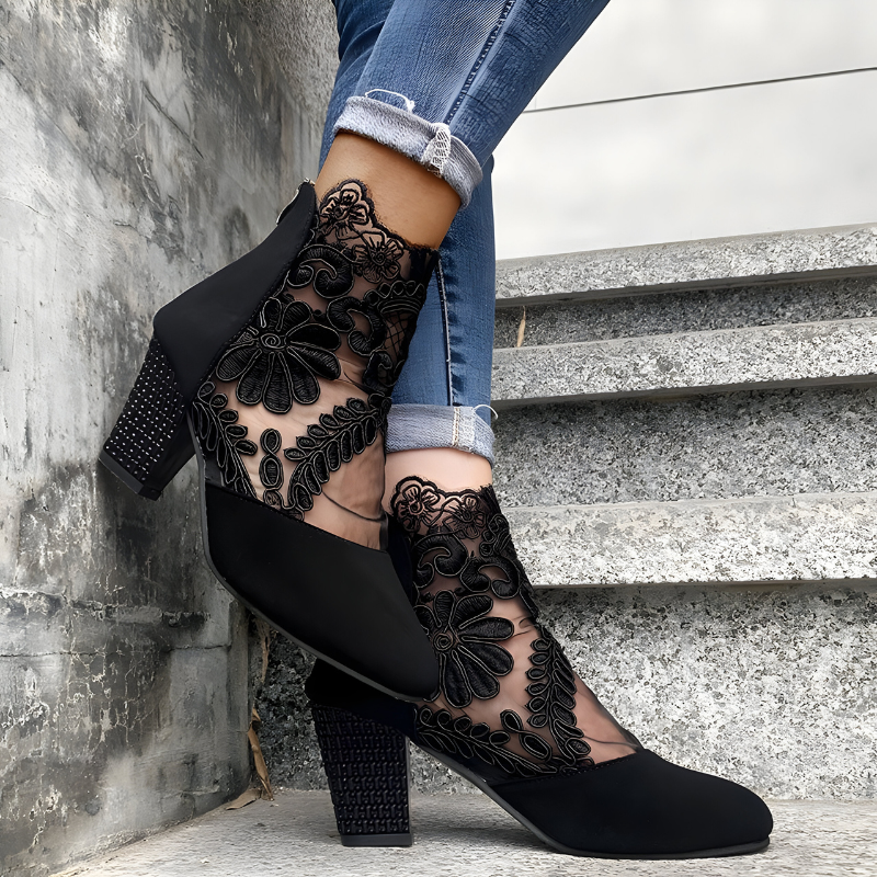 Lace Detail Block Heel Ankle Boots For Women | Valeria