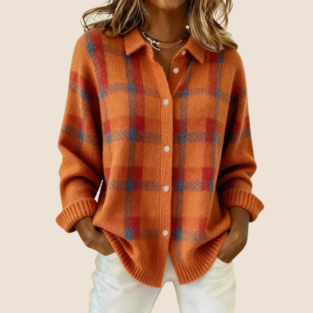 Retro Check Button Sweater For Women | Elodie