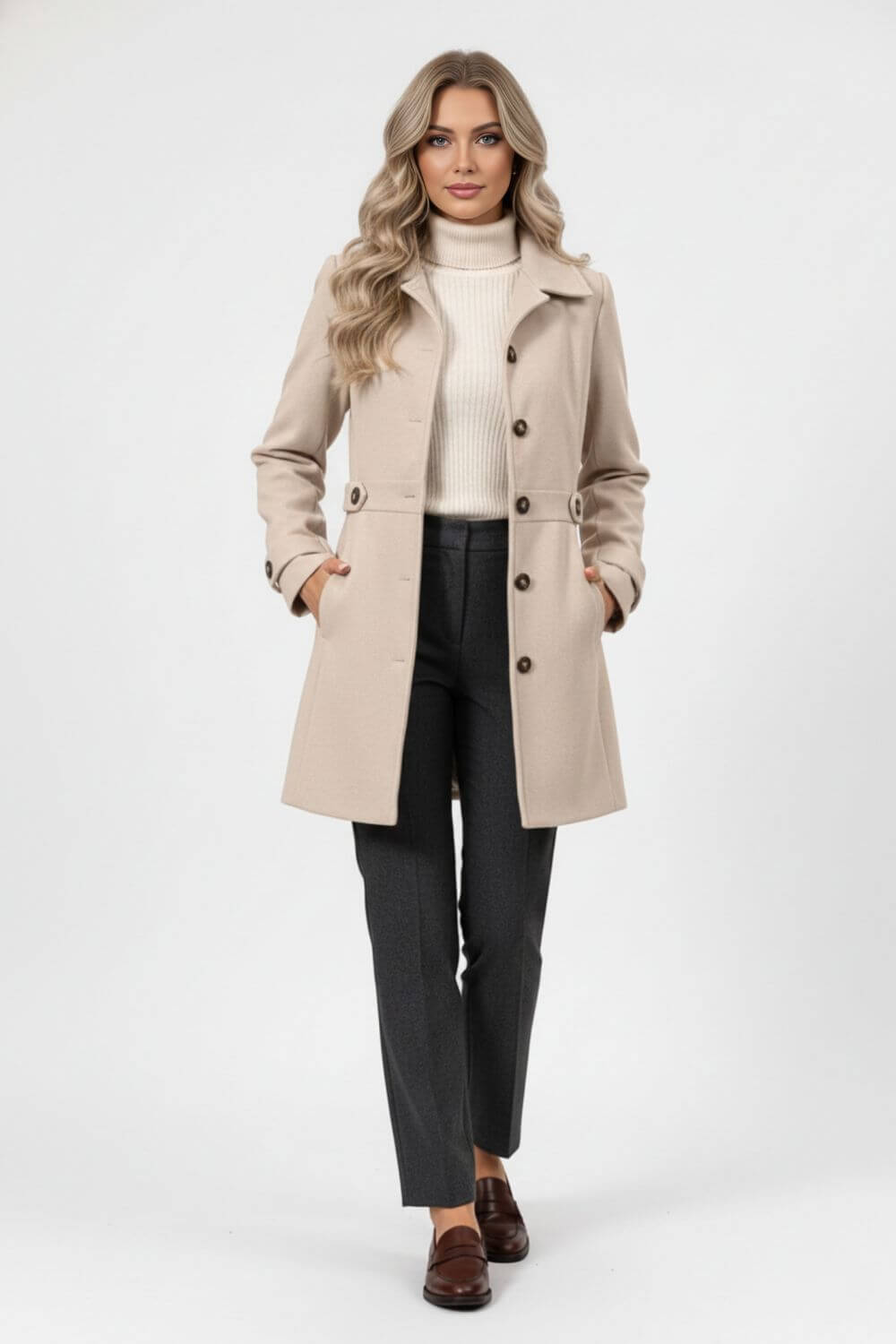 Belted Button Front Long Coat For Women | Mirevane