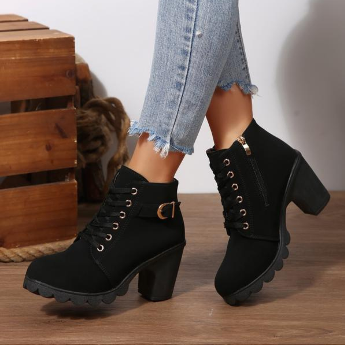 Lace Up Buckle Chunky Ankle Boots For Women | Elara
