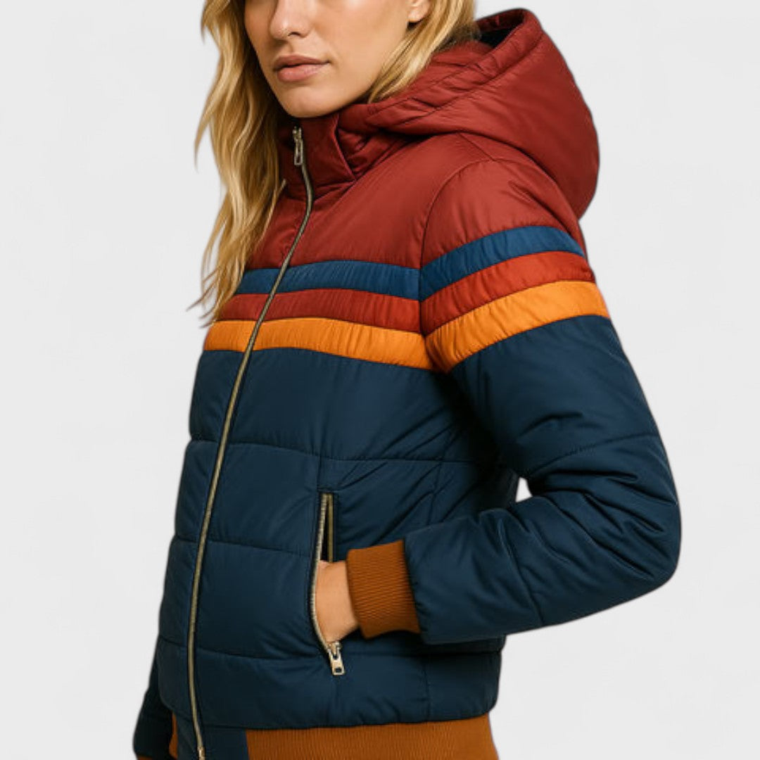 Striped Hooded Puffer Jacket For Women | Elara