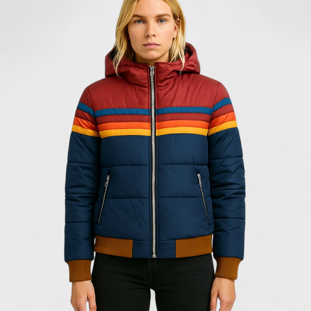 Striped Hooded Puffer Jacket For Women | Elara
