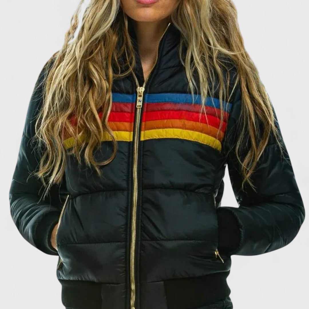 Striped Hooded Puffer Jacket For Women | Elara
