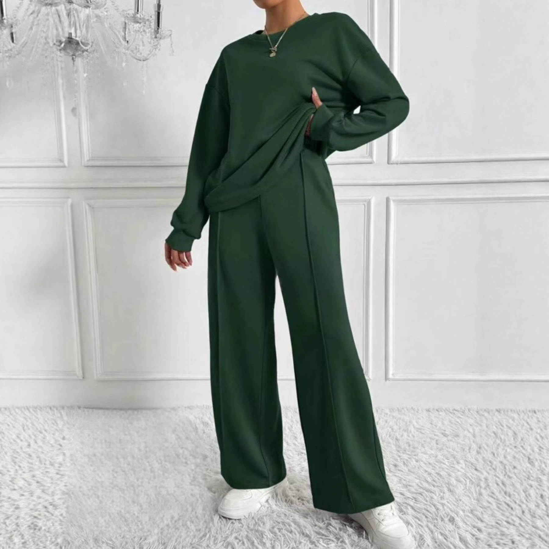 Casual Long Sleeve Sweatshirt And High Waist Trousers Set For Women | Veloura