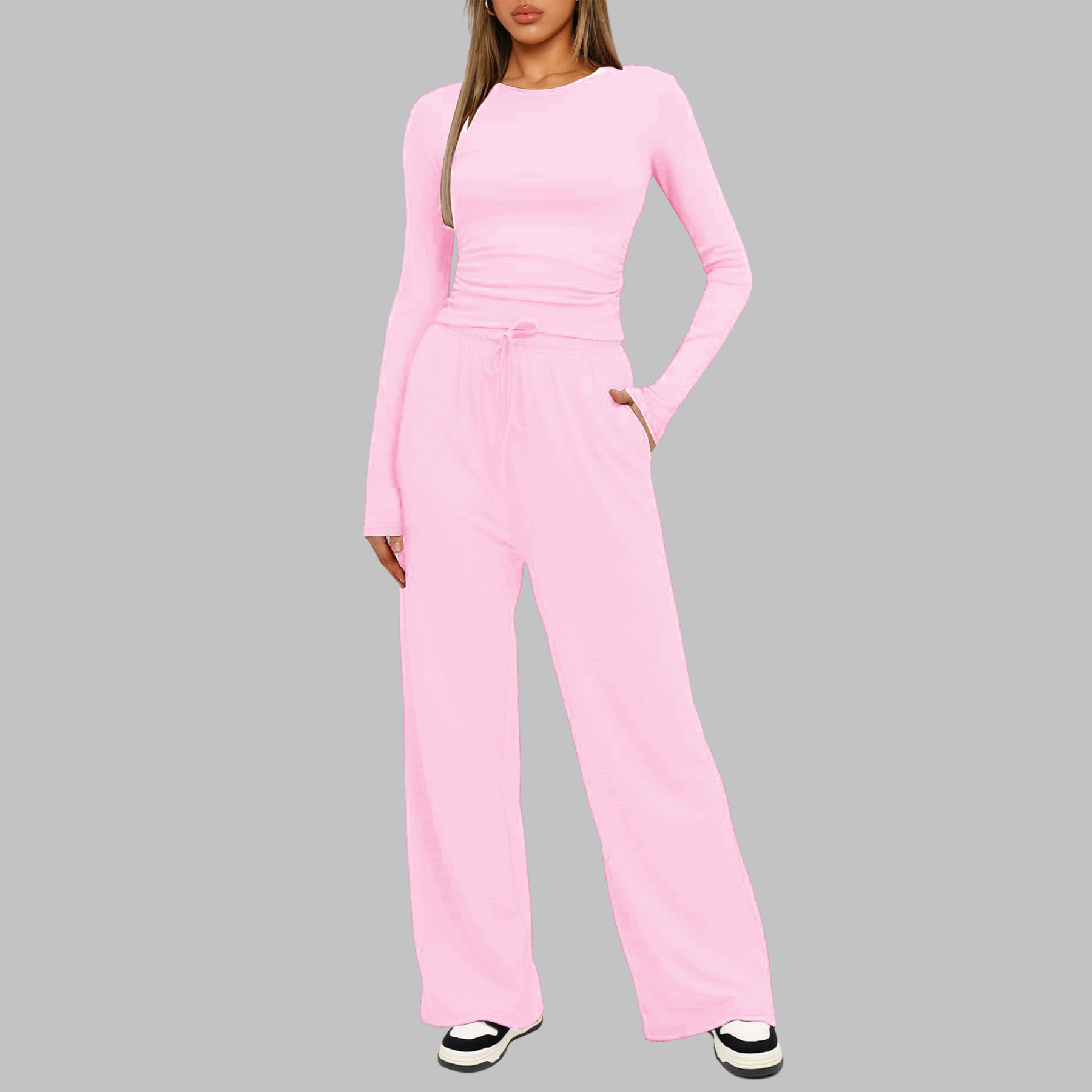 Casual Long Sleeve Top And Wide Leg Trousers Set For Women | Virella