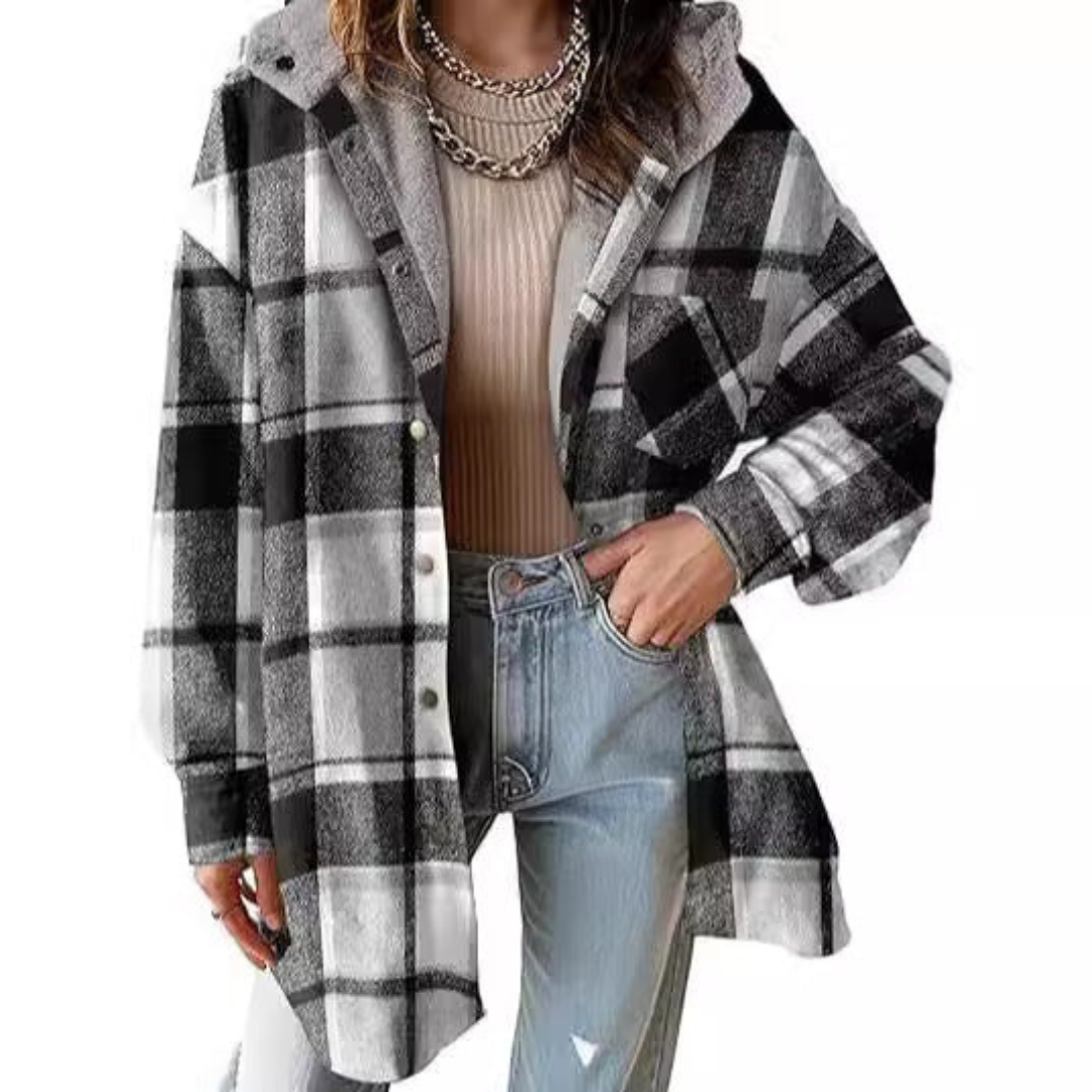 Relaxed Fit Hooded Plaid Jacket For Women | Brinley