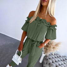 Chic Off-Shoulder Frill Tie Waist Jumpsuit For Women | Selene