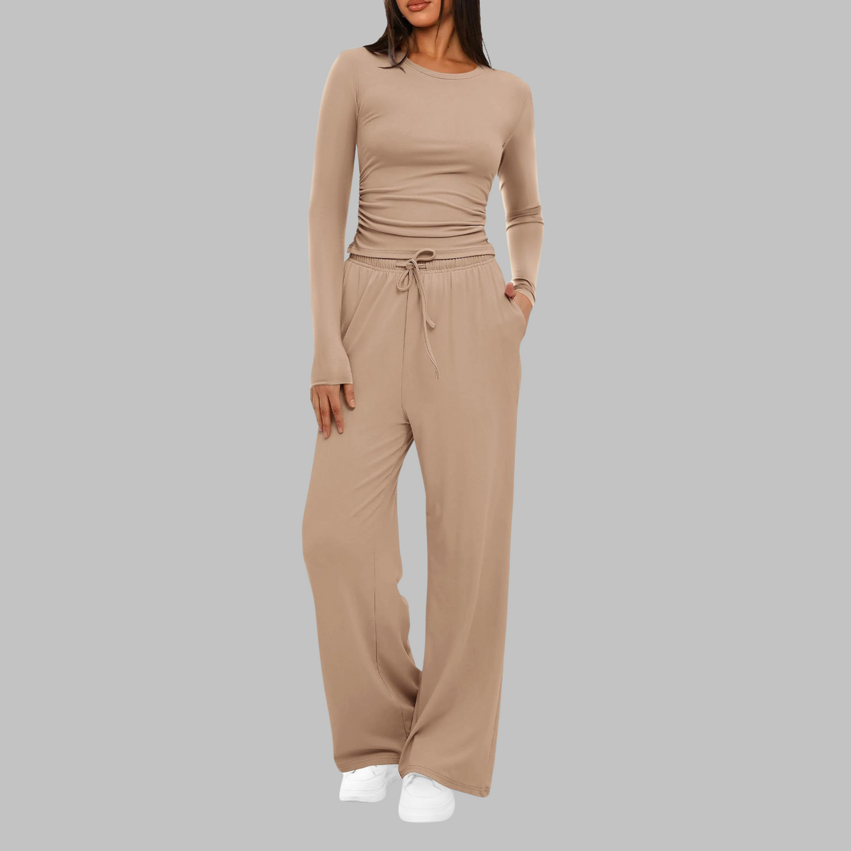 Casual Long Sleeve Top And Wide Leg Trousers Set For Women | Eloria