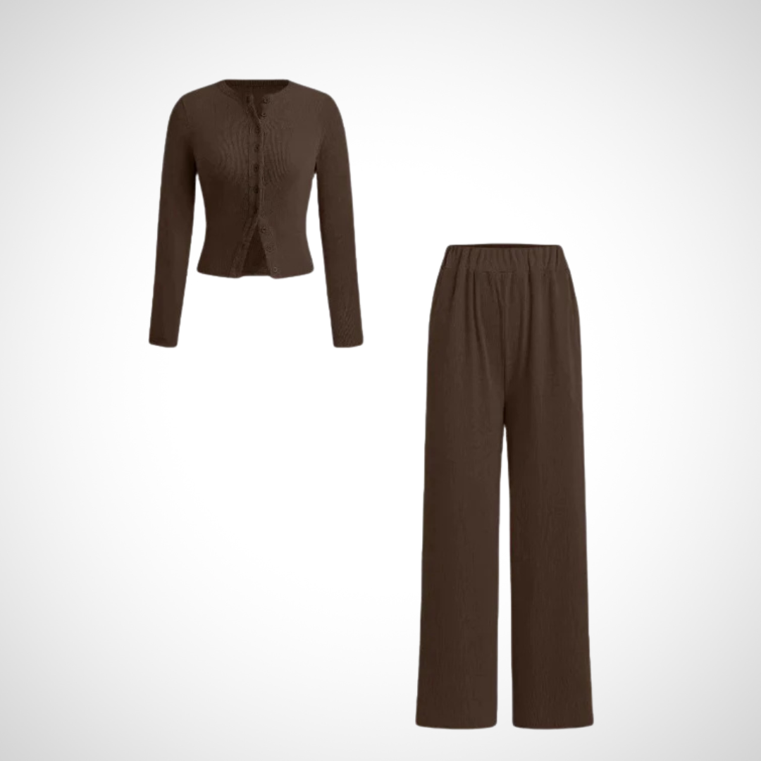Elegant Button Front Long Sleeve Top And Trousers Set For Women | Arlena