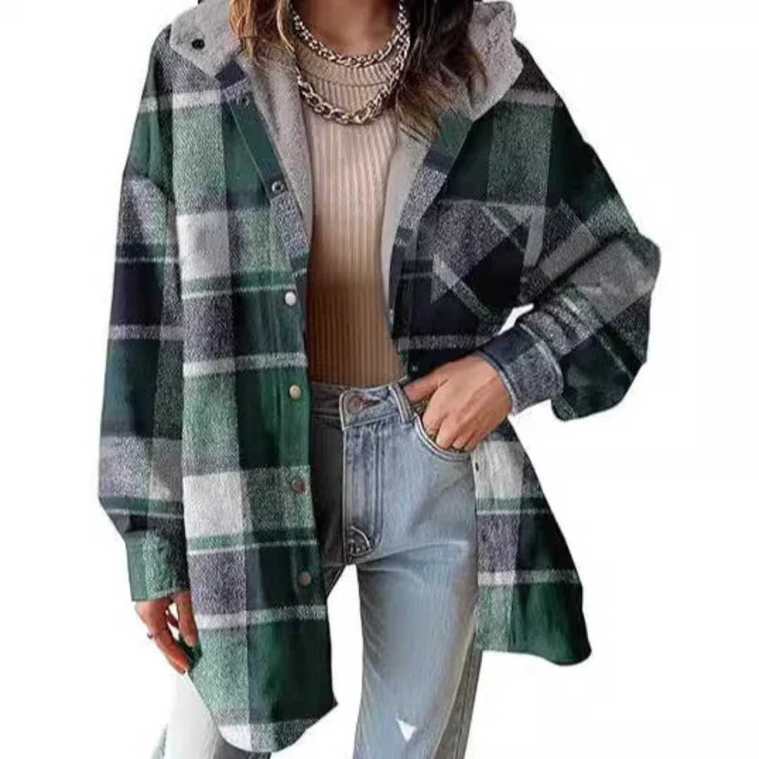 Relaxed Fit Hooded Plaid Jacket For Women | Brinley