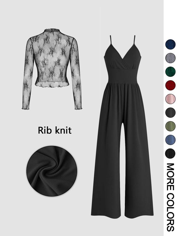 Lace Sleeve Top And Wide Leg Jumpsuit Set For Women | Soraya