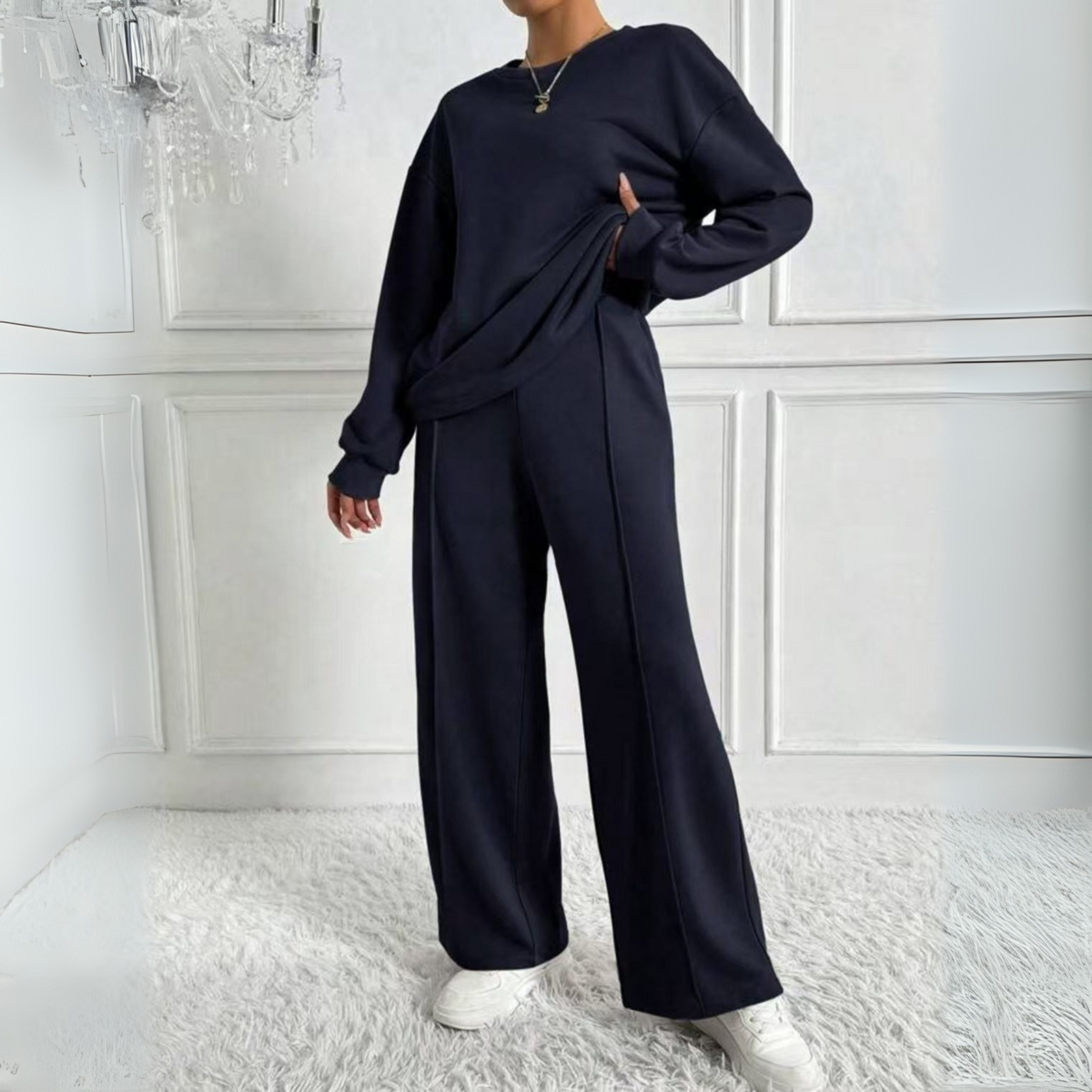 Casual Long Sleeve Sweatshirt And High Waist Trousers Set For Women | Veloura