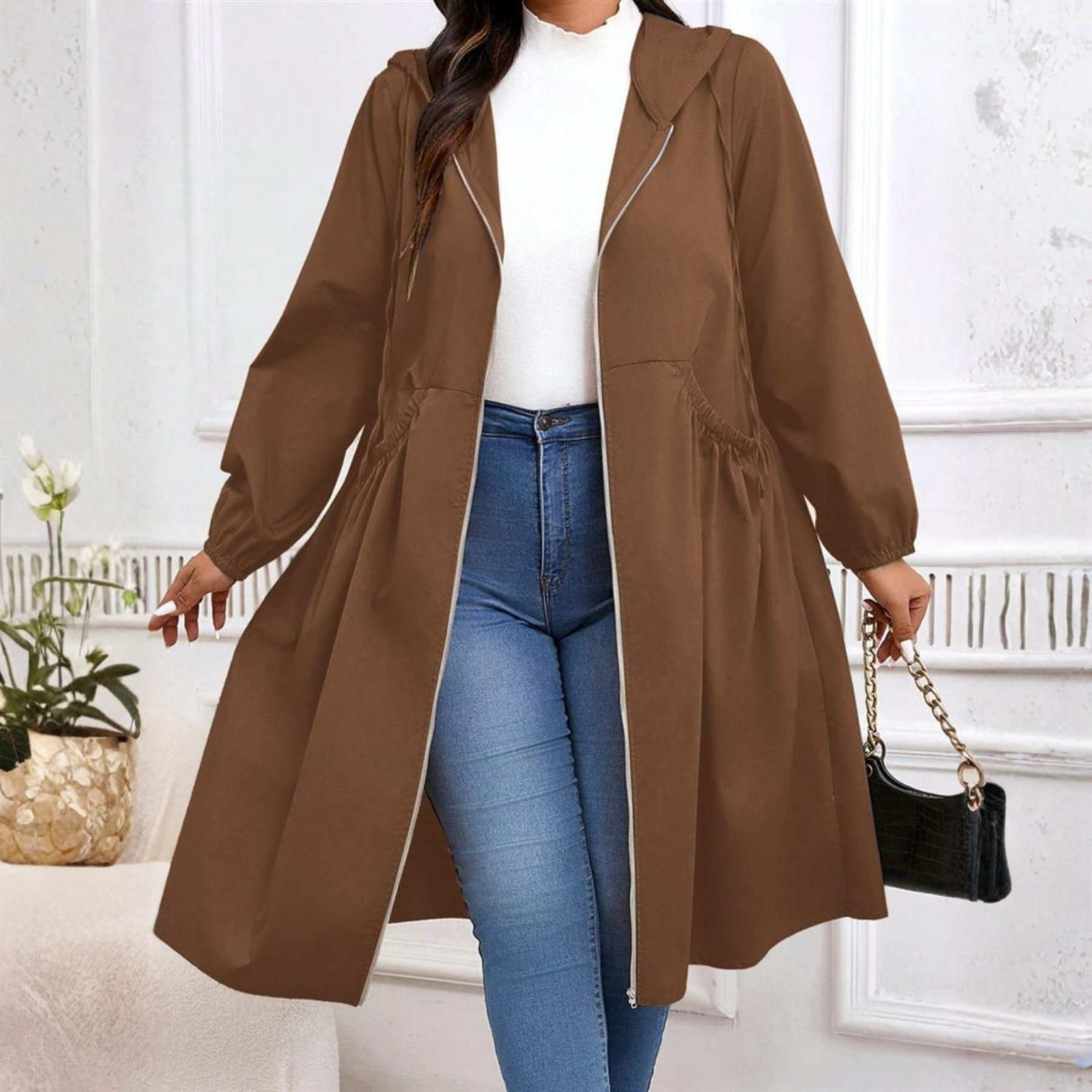 Casual Drawstring Hooded Long Coat For Women | Elvarina