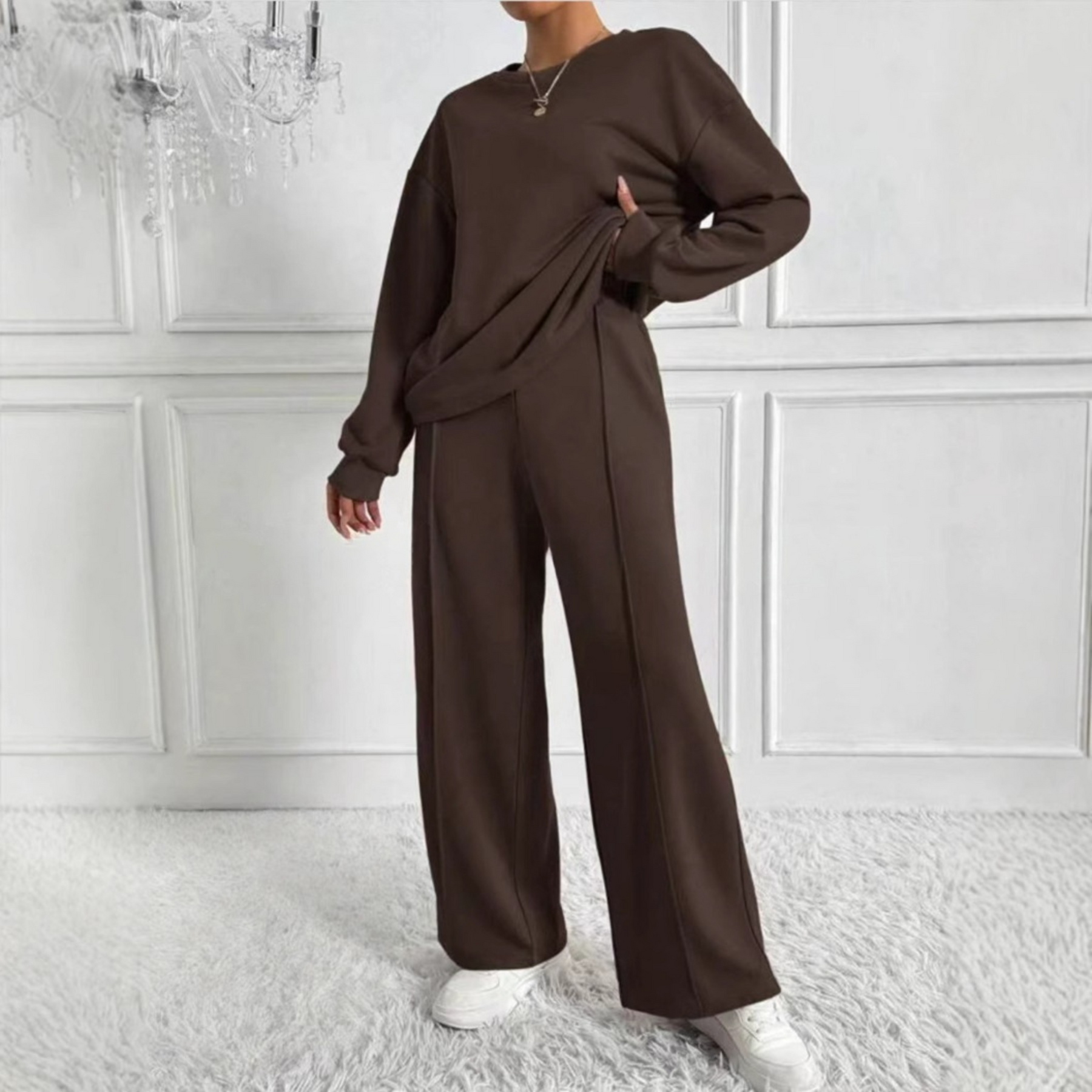 Casual Long Sleeve Sweatshirt And High Waist Trousers Set For Women | Veloura