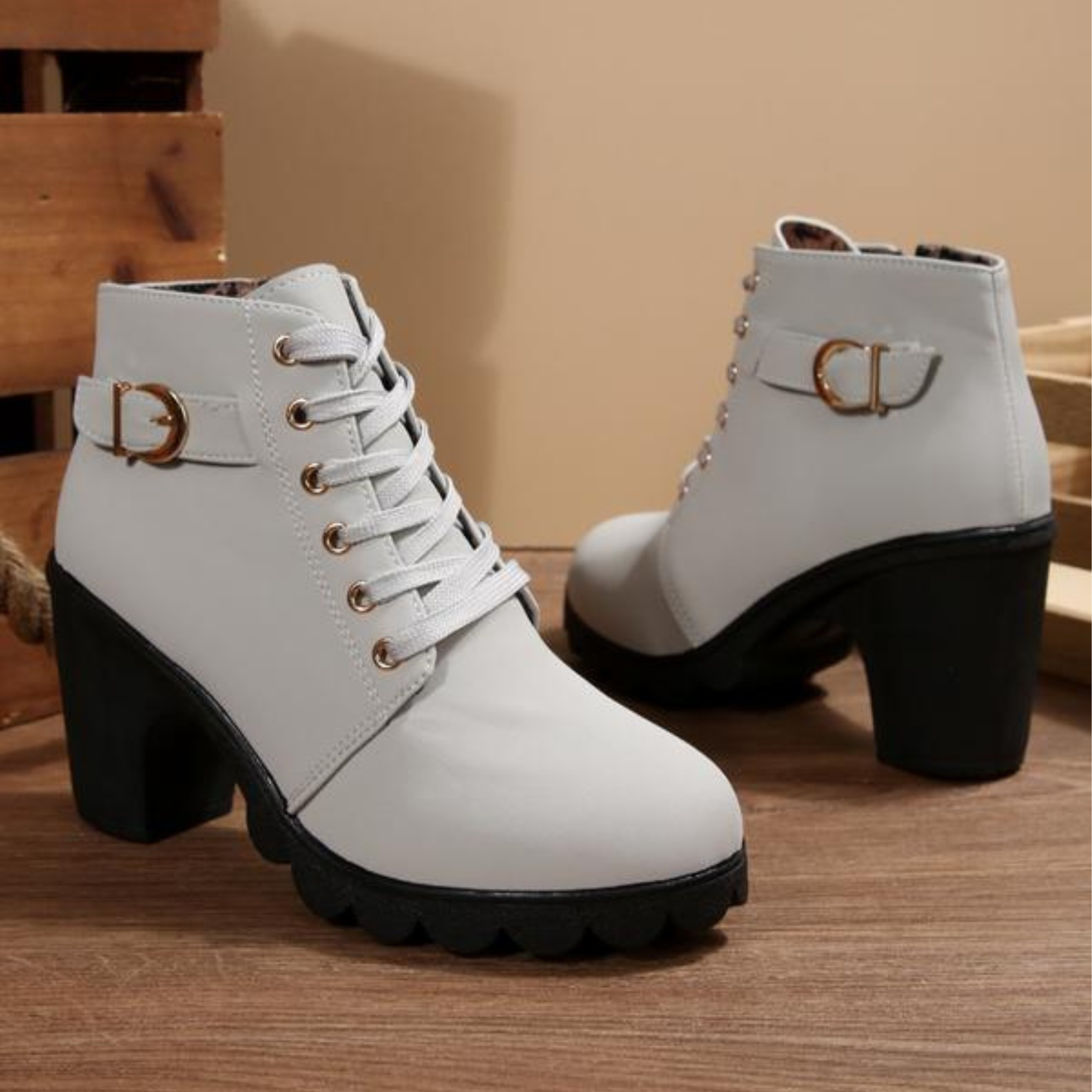 Lace Up Buckle Chunky Ankle Boots For Women | Elara