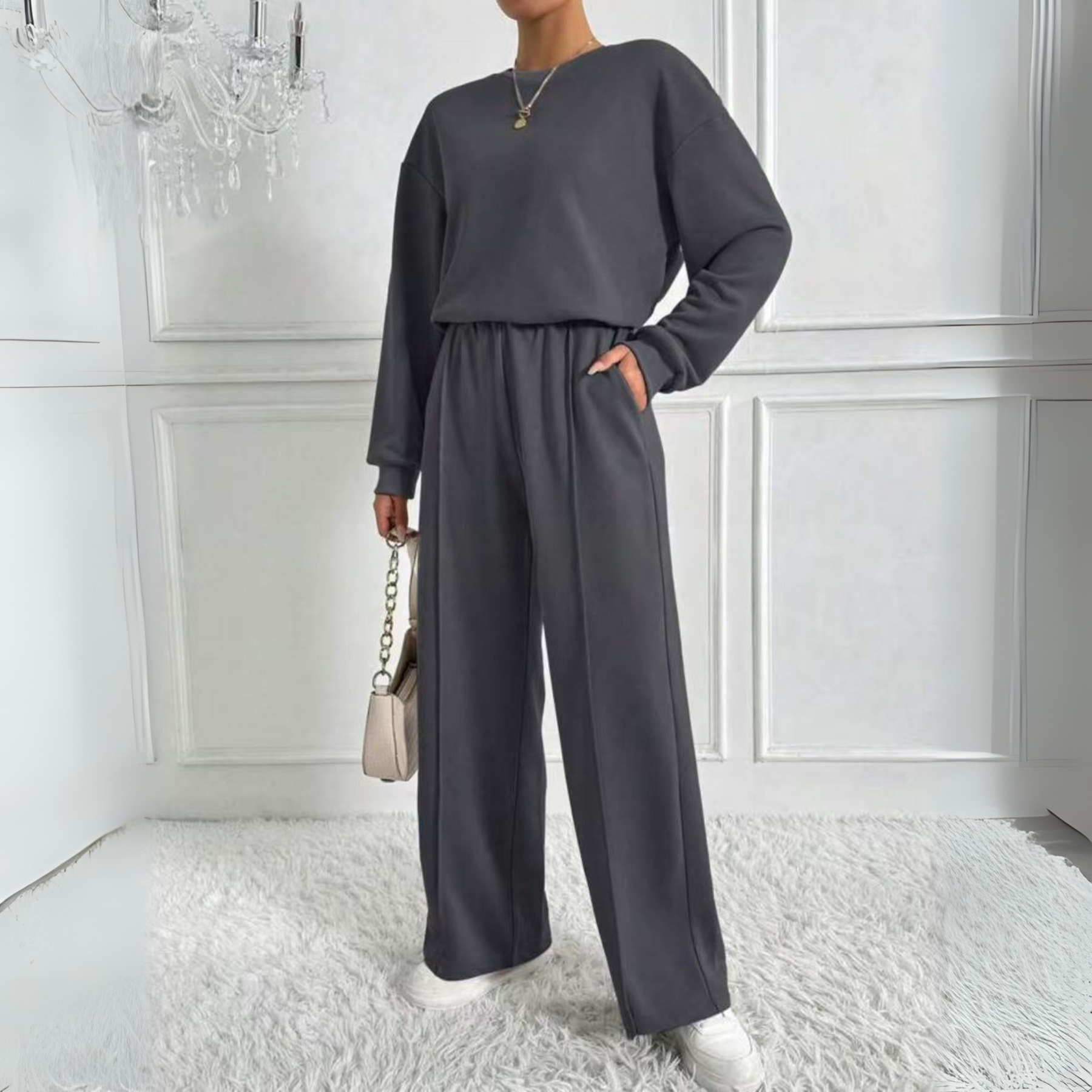 Casual Long Sleeve Sweatshirt And High Waist Trousers Set For Women | Veloura