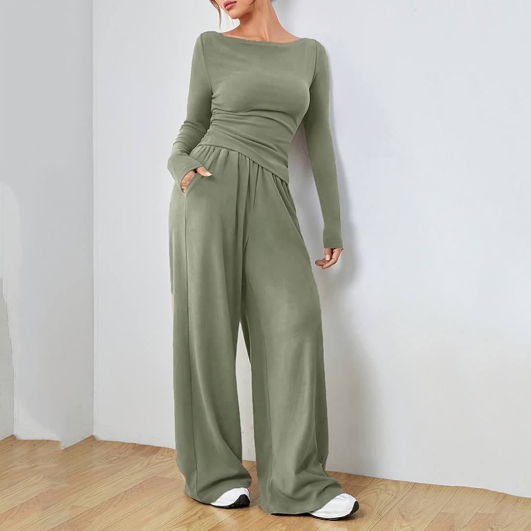 Long Sleeve Top And Wide Leg Trousers Set For Women | Selene