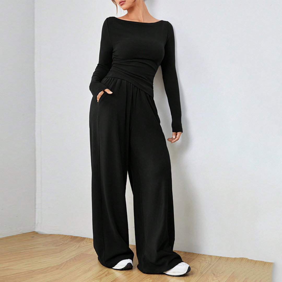 Long Sleeve Top And Wide Leg Trousers Set For Women | Selene
