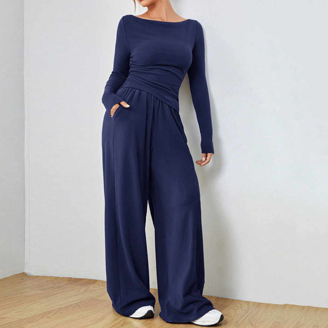 Long Sleeve Top And Wide Leg Trousers Set For Women | Selene