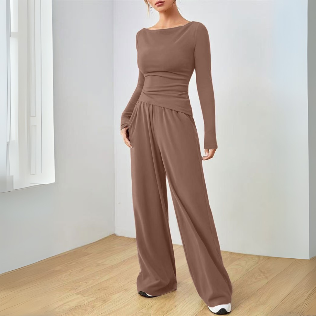 Long Sleeve Top And Wide Leg Trousers Set For Women | Selene