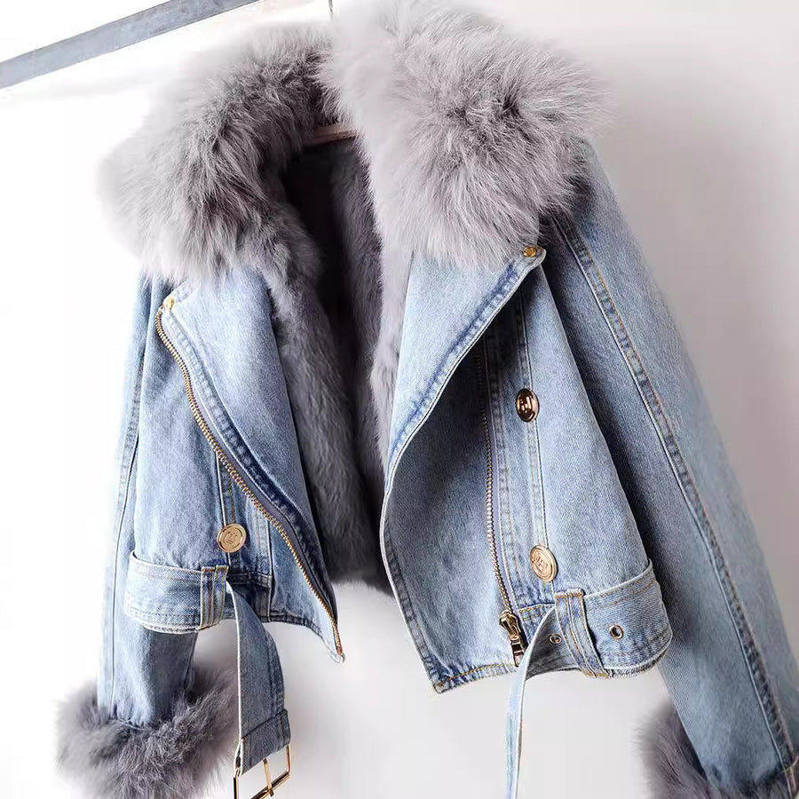 Cropped Denim Jacket With Fur Trim For Women | Valentina