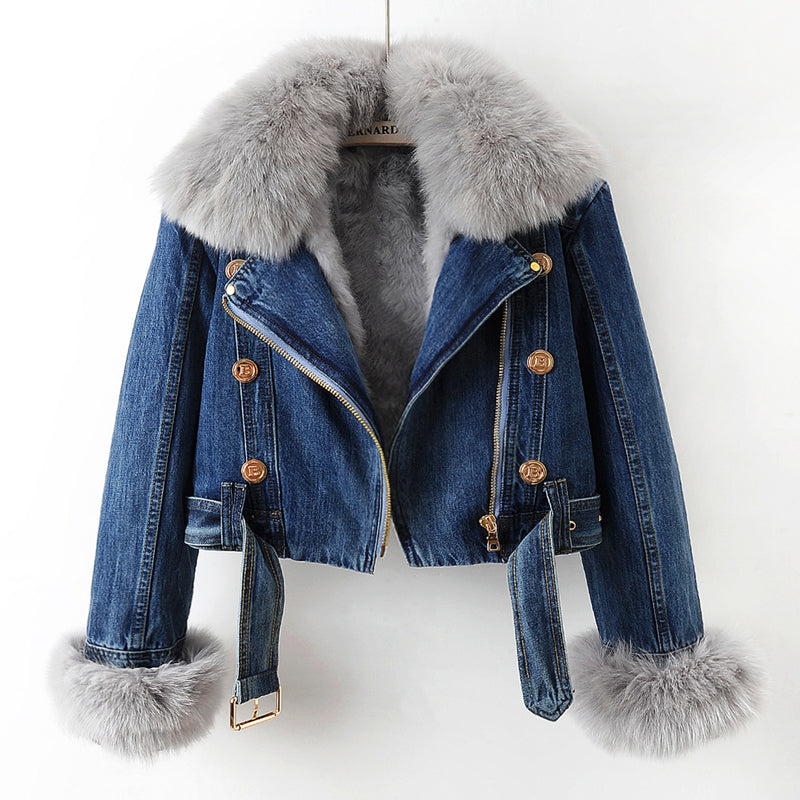 Cropped Denim Jacket With Fur Trim For Women | Valentina