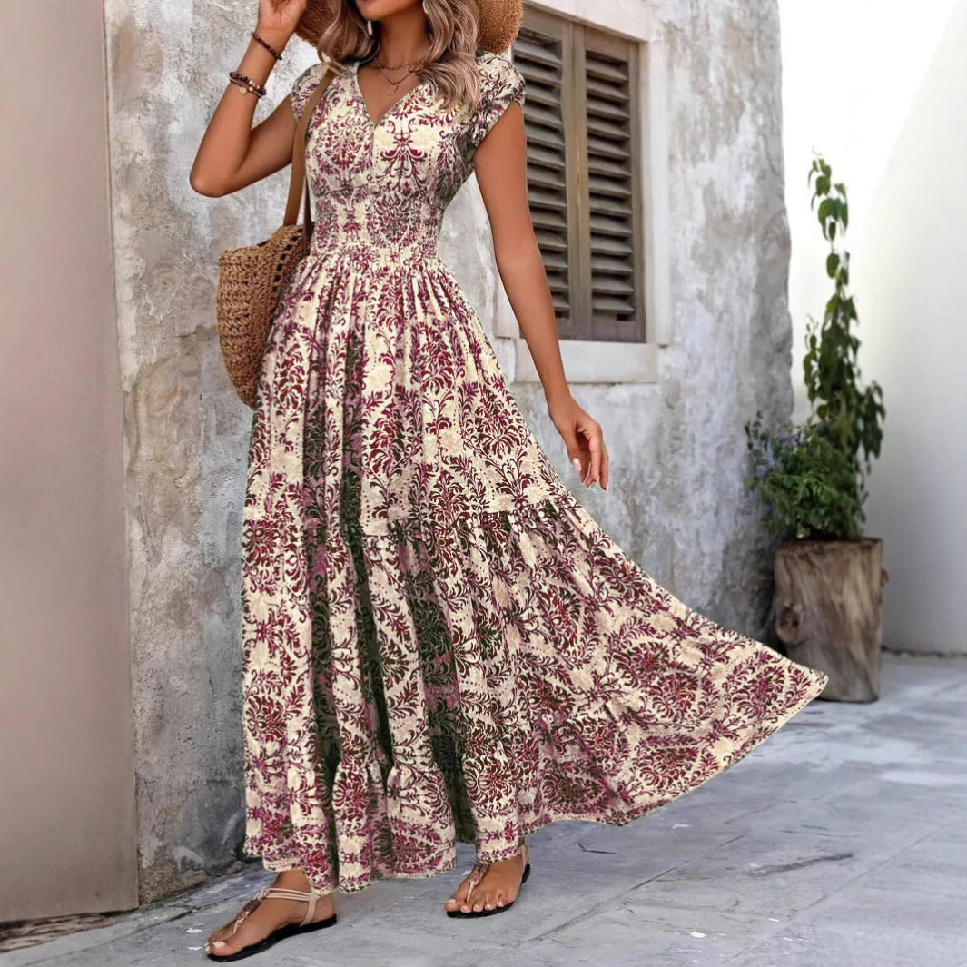 Chic V Neck Shirred Boho Dress For Women | Isadora