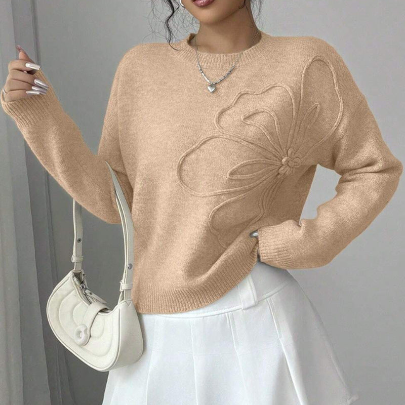 Floral Embossed Crew Neck Sweater For Women | Mirevella
