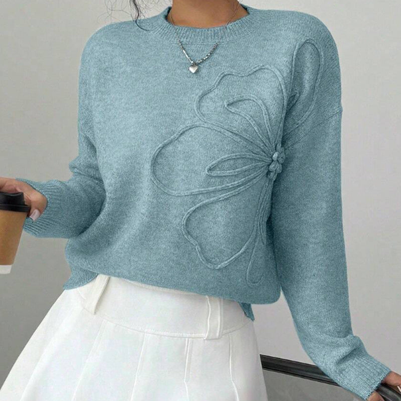 Floral Embossed Crew Neck Sweater For Women | Mirevella