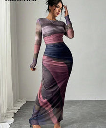 Printed Long Sleeve Bodycon Long Dress For Women | Arissa
