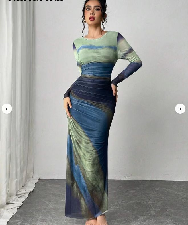 Printed Long Sleeve Bodycon Long Dress For Women | Arissa