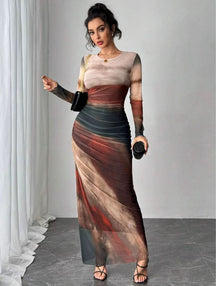 Printed Long Sleeve Bodycon Long Dress For Women | Arissa