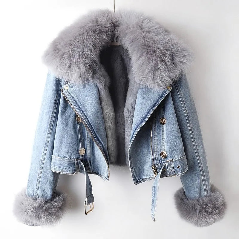 Cropped Denim Jacket With Fur Trim For Women | Valentina