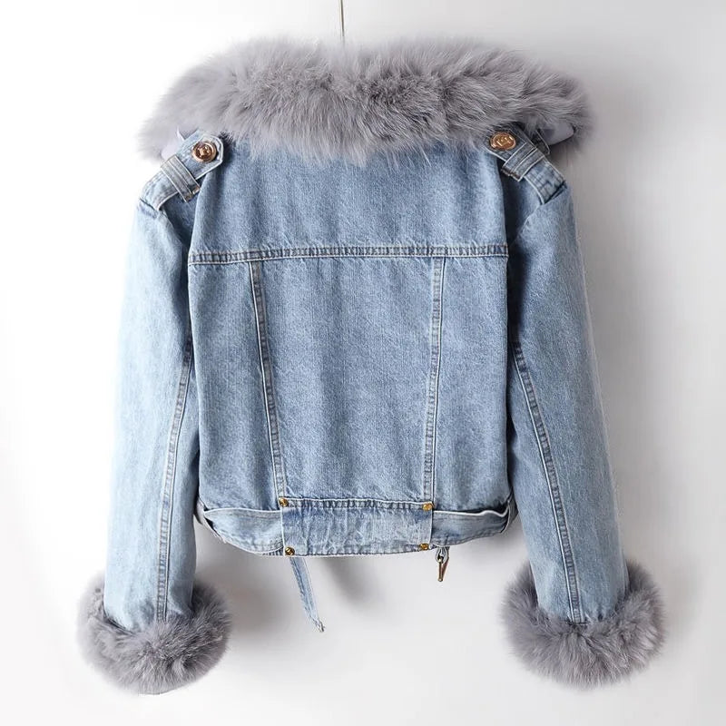 Cropped Denim Jacket With Fur Trim For Women | Valentina