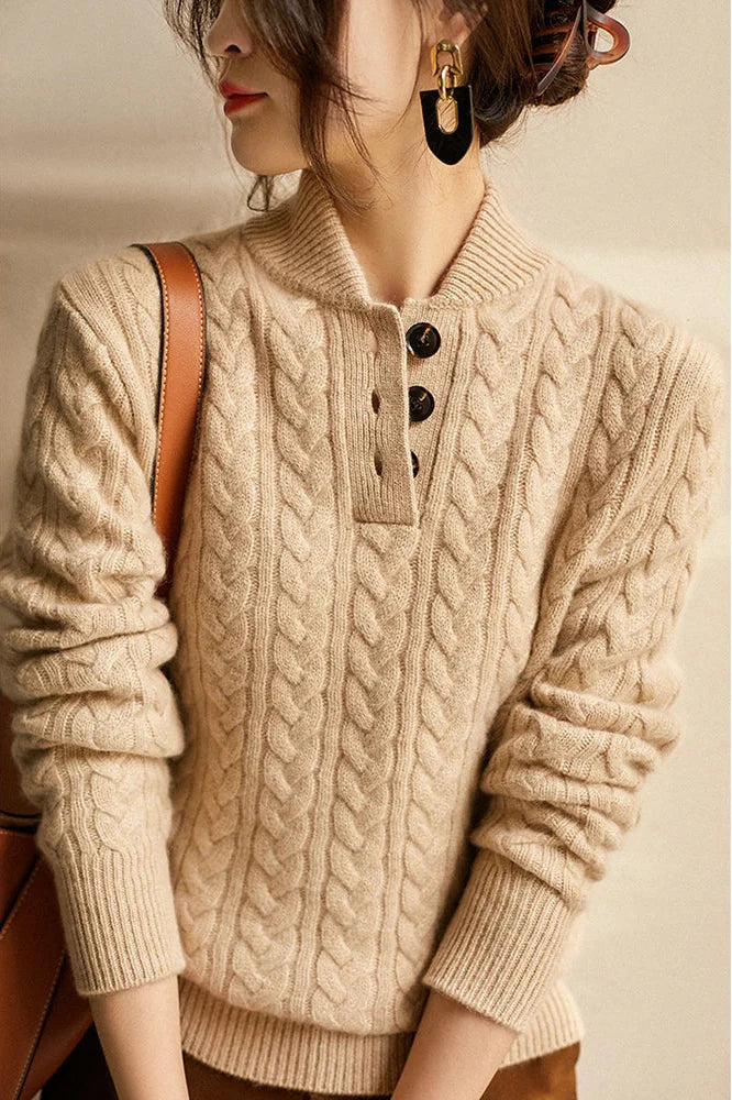 Cable Detail Half Button Sweater For Women | Isabelle