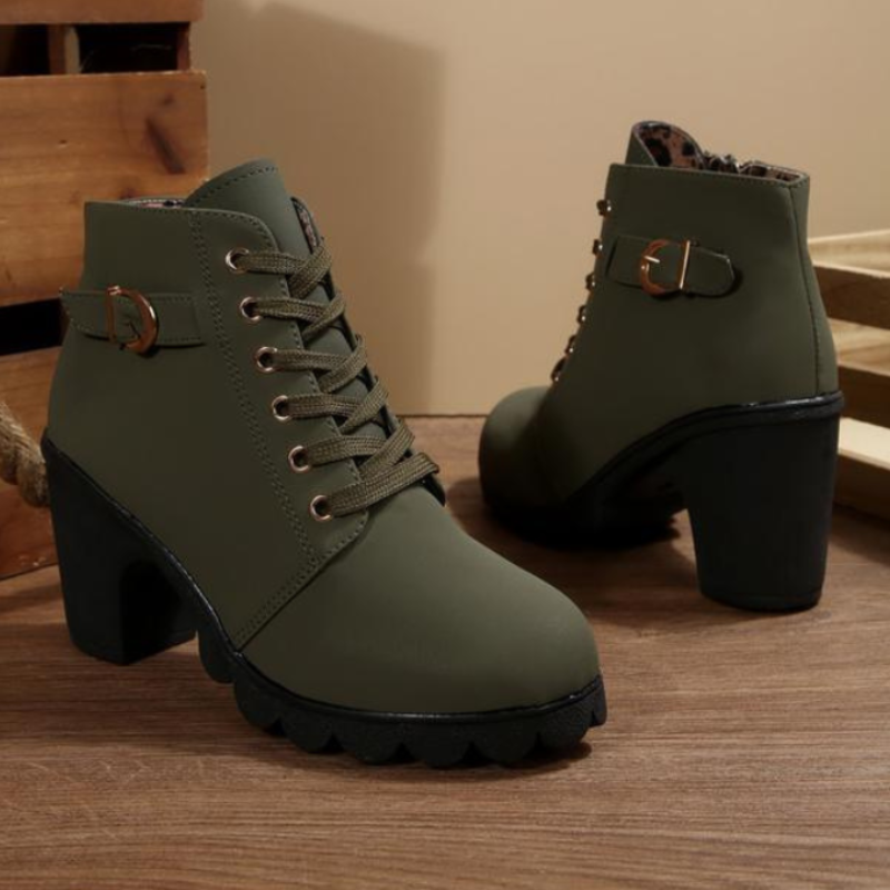 Lace Up Buckle Chunky Ankle Boots For Women | Elara