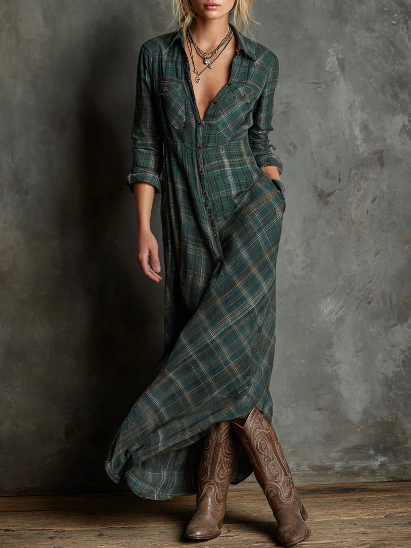 Plaid Lapel Maxi Dress For Women | Aria