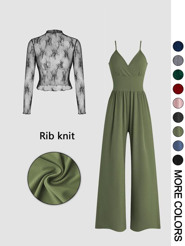 Lace Sleeve Top And Wide Leg Jumpsuit Set For Women | Soraya