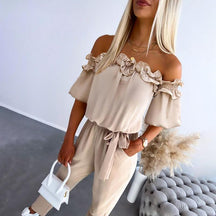 Chic Off-Shoulder Frill Tie Waist Jumpsuit For Women | Selene