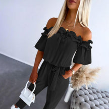 Chic Off-Shoulder Frill Tie Waist Jumpsuit For Women | Selene
