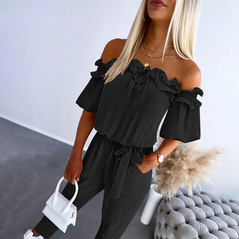 Chic Off-Shoulder Frill Tie Waist Jumpsuit For Women | Selene